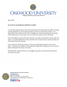 Death of an Oakwood University students